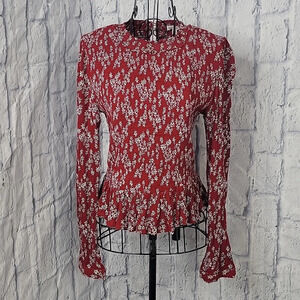 PATRONS‎ OF PEACE Red and White Floral Smocked/Ruffled Blouse Large